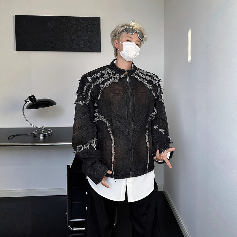 New American-Style Niche Retro Heavy Tassel Raw Edge Shoulder Pad Biker Jacket Design Short Top for Men