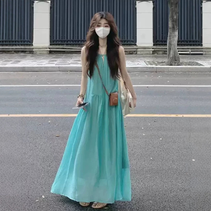 여성을위한 프렌치 할로우 서스펜더 드레스 여름 해변 휴가 스타일 비치 스커트 주름진 게으른 편안한 롱 스커트