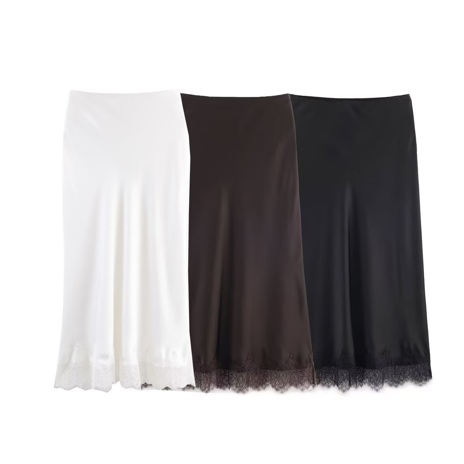 11838-New European and American Style Lace-Trimmed Silk Satin Midi Skirt
