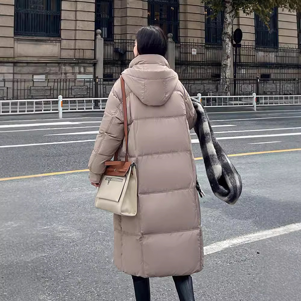 Algodón de mujer largo grueso aire caliente suelto estilo académico coreano con capuchón de algodón de color sólido comercio exterior abrigo transfronterizo