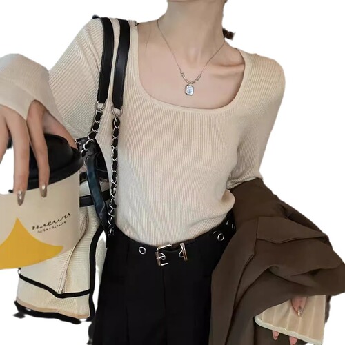 Base shirt women's 2024 early autumn new thin knit sweater short style slim-fit innerwear square collar long-sleeved top