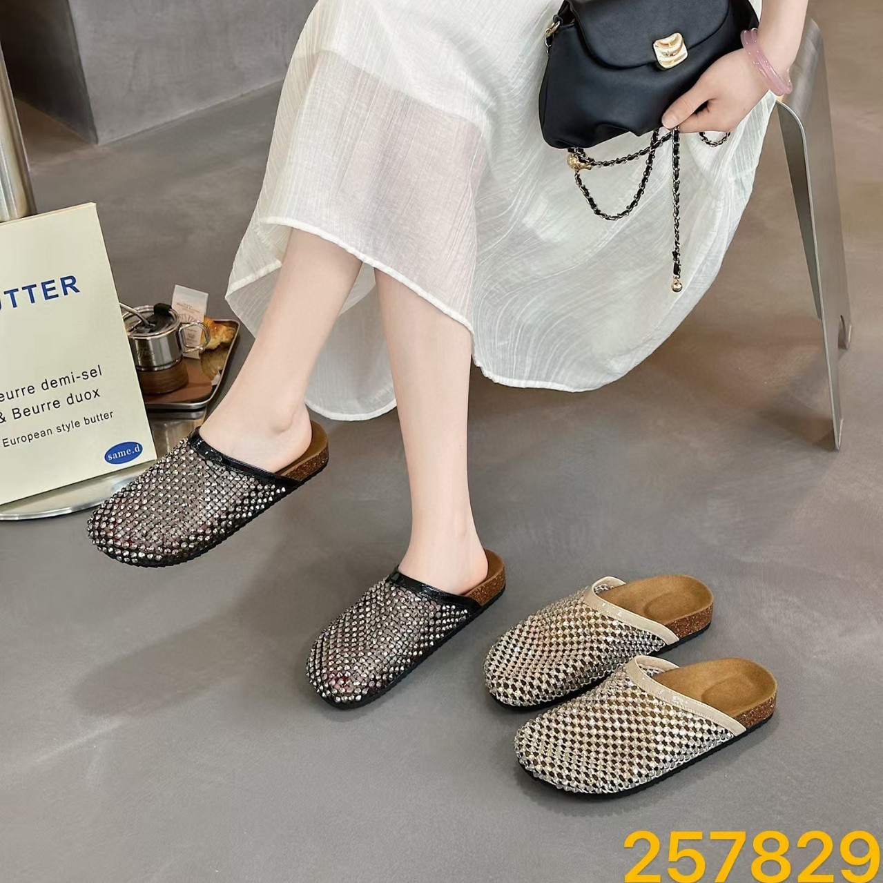 Sandal nữ mũi nhọn đính đá lưới thoáng khí da thật phong cách châu Âu — vàng