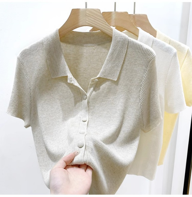 Áo thun polo nữ tay ngắn cổ bẻ chất liệu len lụa mát mẻ — màu trắng chi tiết 1