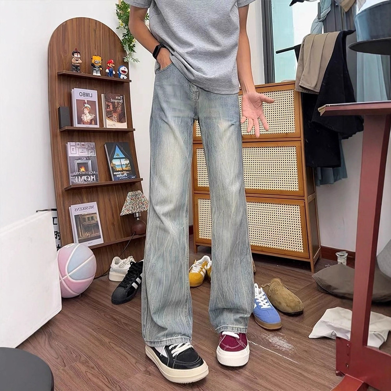 Blue Bamboo Pattern Flared Jeans for Men, American High Street Vibe Pants, Clean Fit Tall Straight-Leg Pants