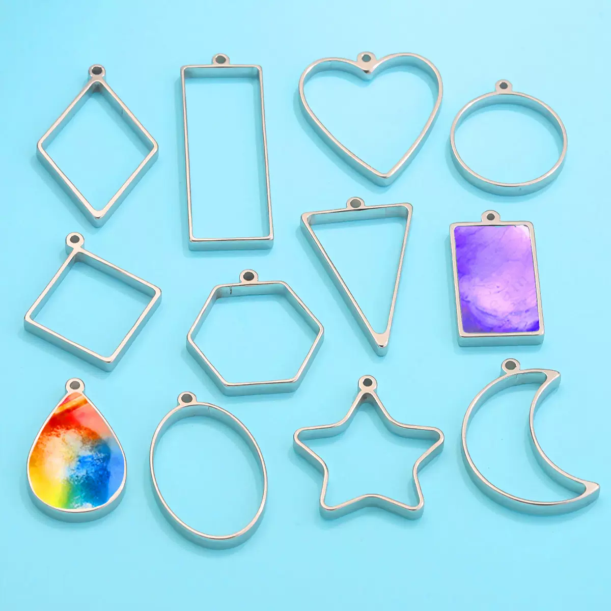 不锈钢抛光滴胶几何图形镂空边框宝石底托吊坠框 DIY手工饰品配件