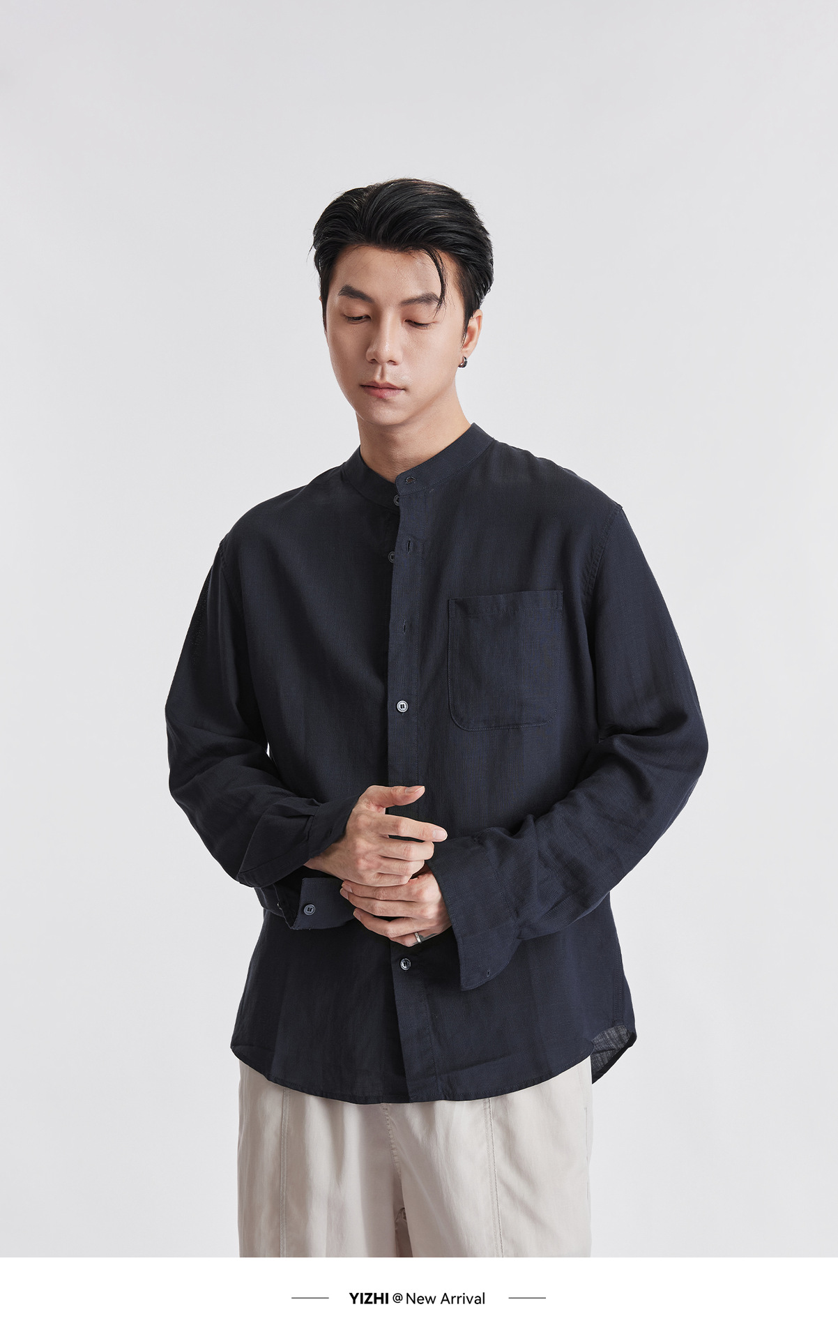 Áo sơ mi nam linen cổ đứng tay dài mùa hè, chất liệu lanh thoáng khí, phong cách Trung Hoa, túi đơn — Xanh navy chi tiết 22