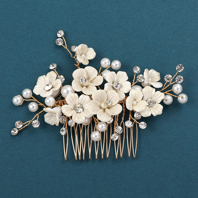 L3055 Carlo 2023 Western European Style Imitation Pearl Hair Accessory, White Ceramic Flower, Light Luxury Bridesmaid Hair Accessory