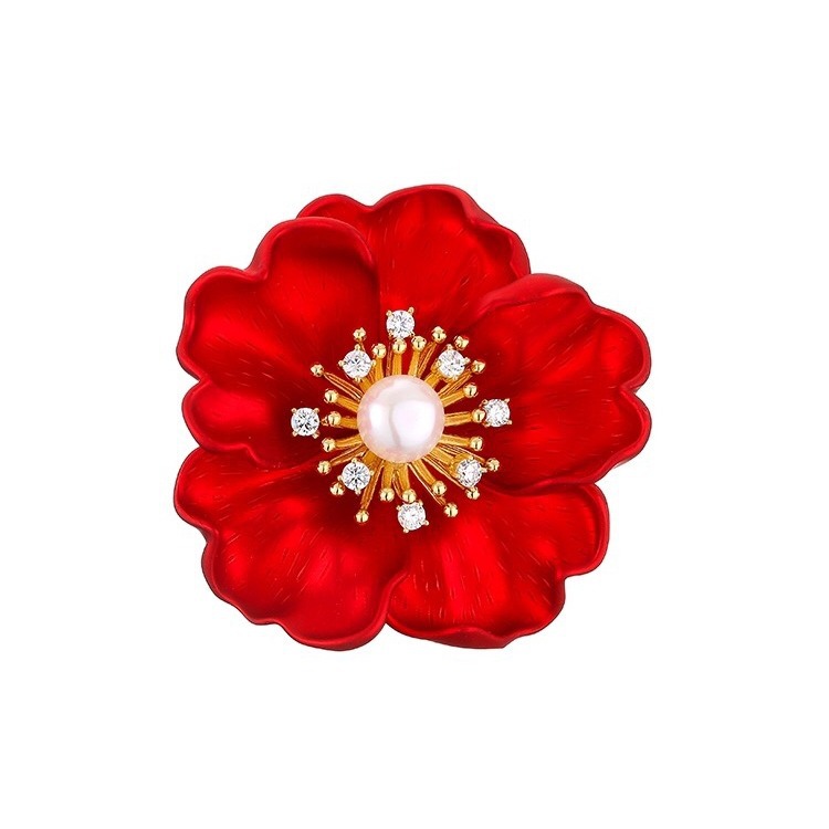 牡丹花中國紅胸針高檔女天然珍珠高級感胸花西裝旗袍別針