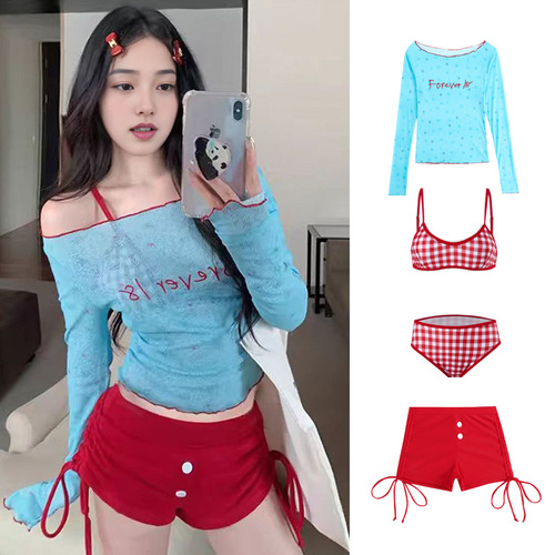 High-end swimsuit women's split pure desire four-piece set long-sleeved student girl cute Japanese-style hot spring swimming suit