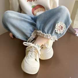 儿童春秋宝宝猫花边牛仔裤小女孩时尚休闲春款小女孩百搭裤子