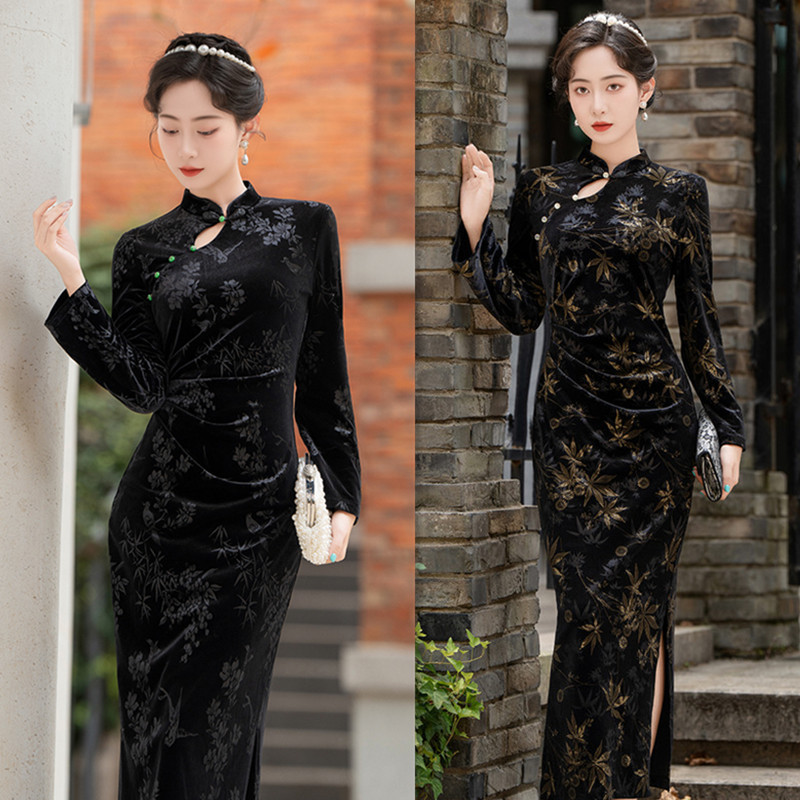 2024 Early Autumn New Chinese Style Black Velvet Long Vintage Cheongsam Women's Modified Cheongsam Dress Daily Wear
