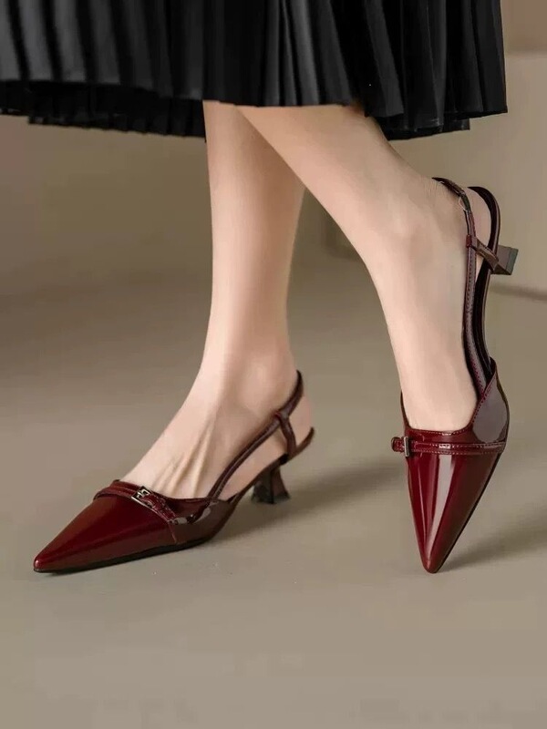 Beautiful High-Heeled Shoes with Low Heels, 2026 Burgundy Open-Back Kitten Heel Pointed-Toe Sandals, Small Pointed-Toe Single Shoes with 3-Inch Heels