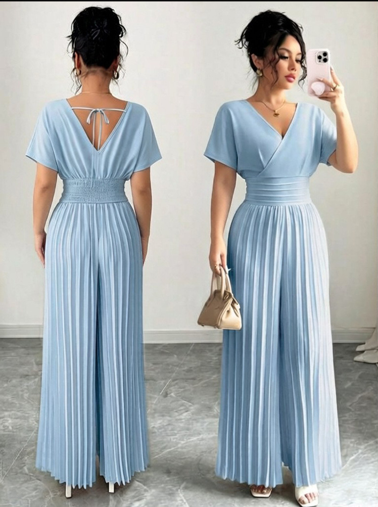 2026 nuevo estilo de viaje europeo y americano elegante color sólido cuello en V manga corta cintura doblada plantares pantalonés de pierna ropa de mujer