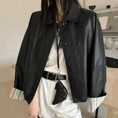 韩系拼接休闲短款PU皮外套女2025春秋新款设计感翻领软皮夹克上衣