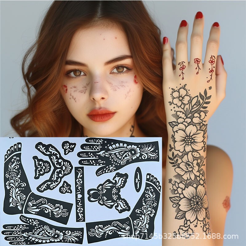 Indian Henna Tattoo Big Figure Template Temporary Tattoo Hands and Feet Spray Painting Tool Painted Herbal Juice Tattoo Sticker