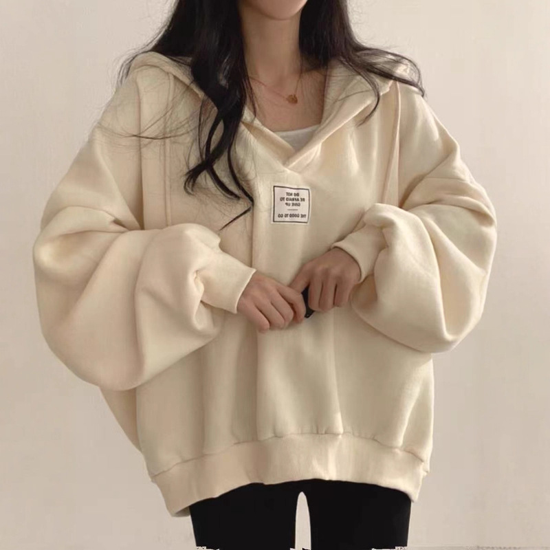 Korean Chic Winter Bf Lazy Style Bat Sleeve Loose Versatile V Neck Hooded Top Pullover Sweatshirt Jacket for Women Korean Chic Winter Bf Lazy Style Bat Sleeve Loose Versatile V Neck Hooded Top Pullover Sweatshirt Jacket for Women