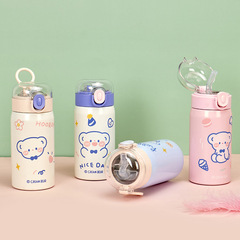 Cartoon Bear 304 Stainless Steel Insulated Tumbler with Bouncing Lid and Straw Water Cup for Students and Couples Drinking Cups