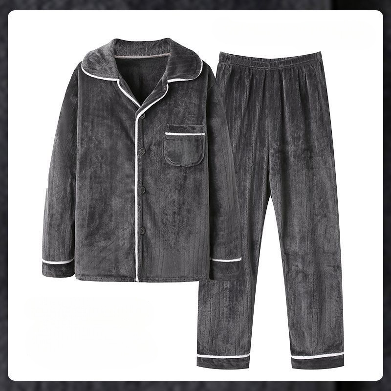 Transfronterizo hombre coral terciopelo pijama otoño y invierno grueso terciopelo cálido manga larga suelta franellas set de ropa para el hogar