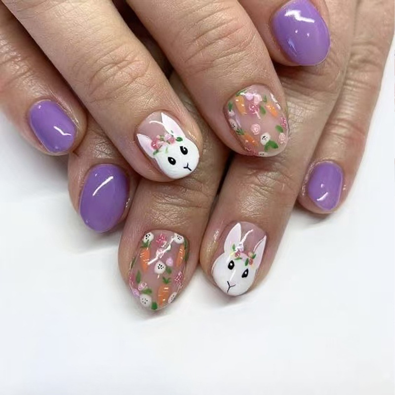 Easter Cute Bunny Spring and Summer Floral Carrot Pattern Design Short Square Purple Press-On Nails