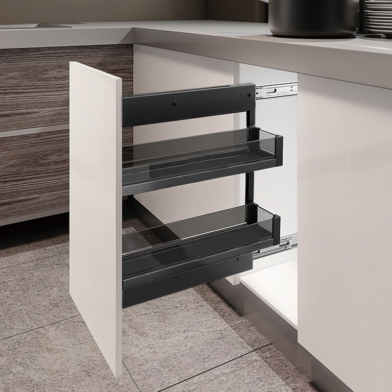 Cesta lateral para gabinetes de cocina totalmente de aluminio Cesta de condimentos para gabinetes de fondo estrecho y pequeño Fabricante de cestas de condimentos para cajones de almacenamiento
