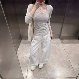 纯欲风宽松慵懒设计感小众条纹显瘦长袖T恤女夏薄款辣妹露肩上衣