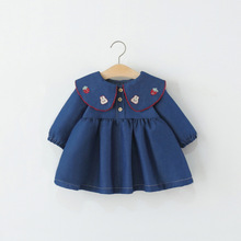 童装女童连衣裙春秋季儿童女宝宝长袖卡通娃娃领牛仔公主裙子洋气