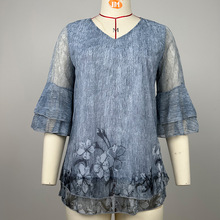 欧美跨境女装外贸2025新款网纱上衣亚马逊大码宽松V领七分袖T恤衫