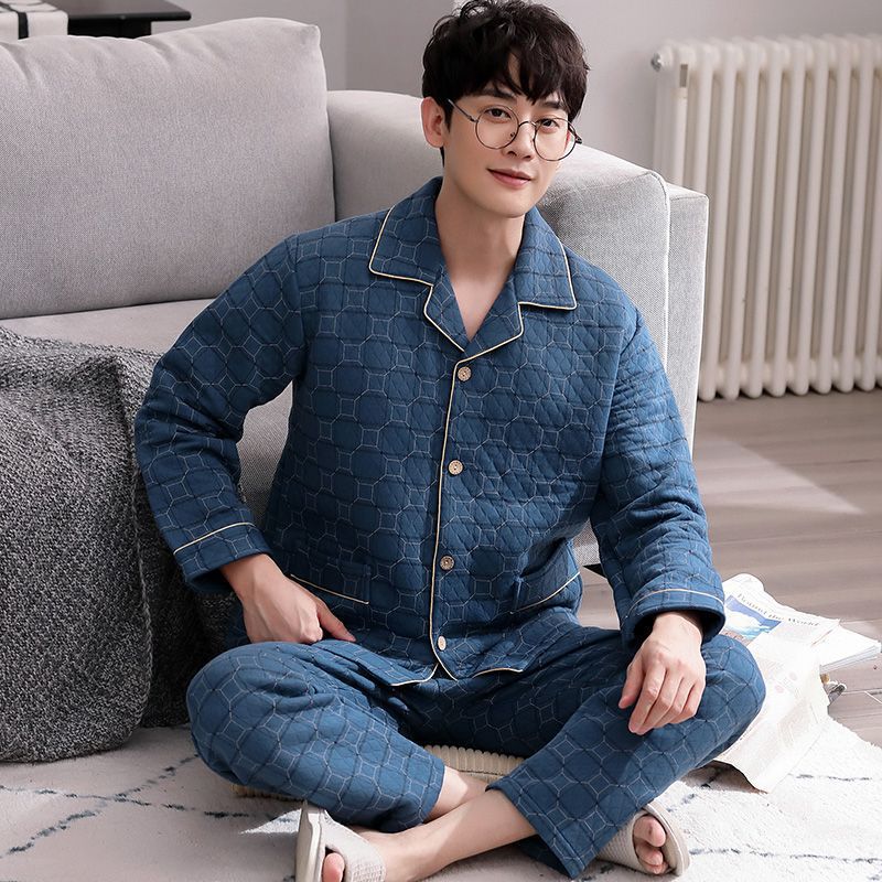 Algodón aire pijama de algodón hombre otoño y invierno intercalado de algodón grueso intercalado de tamaño grande conjunto de ropa de casa de hombre