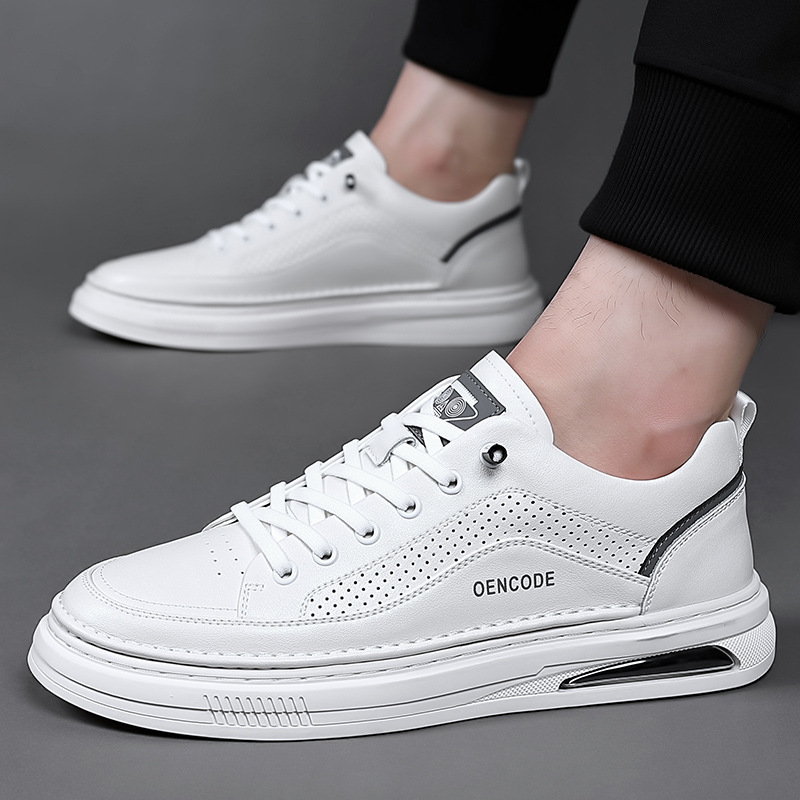Zapatos blancos de verano, zapatos de moda de piel de vaca para hombres, zapatos de hombre transpirables, zapatos casuales para hombres cómodos y aumentados, zapatillas de deporte de todo fósforo al por mayor