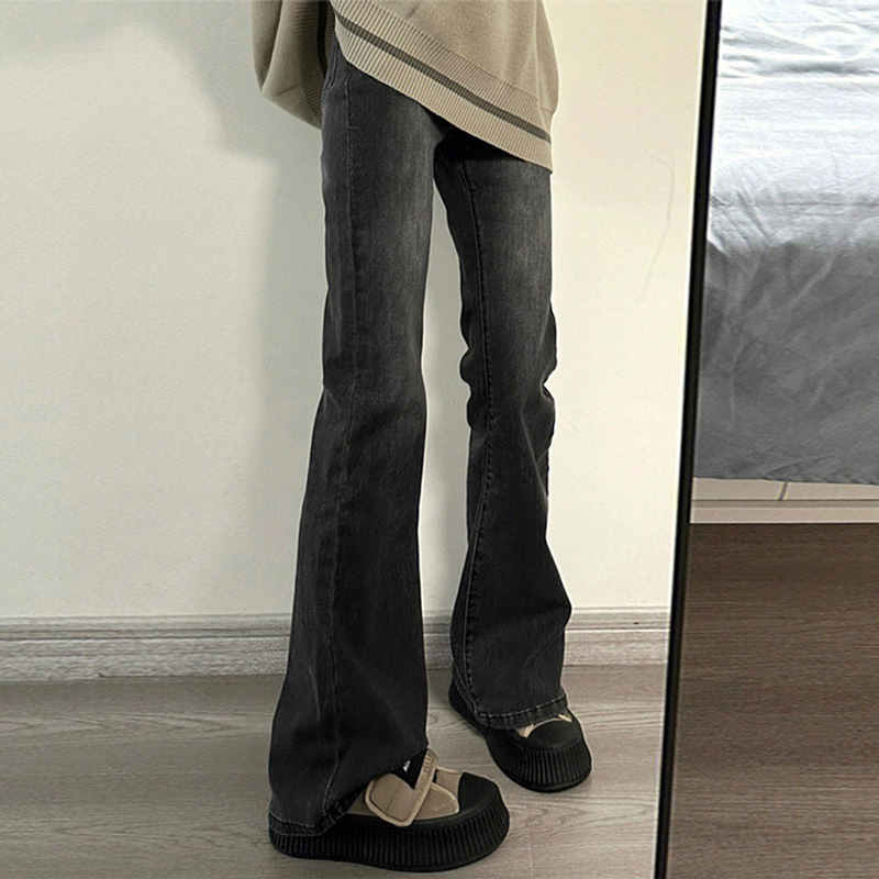 Women's High Waist Stretch Flared Jeans - Vintage Black Gray Bootcut Pants For Spring, Straight Leg To Floor Length_ecoleips.com