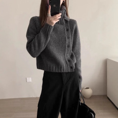 法式灰色高领排扣开衫毛衣外套女秋季高级感气质软糯打底针织上衣