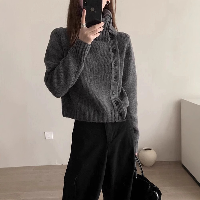 法式灰色高领排扣开衫毛衣外套女秋季高级感气质软糯打底针织上衣|undefined