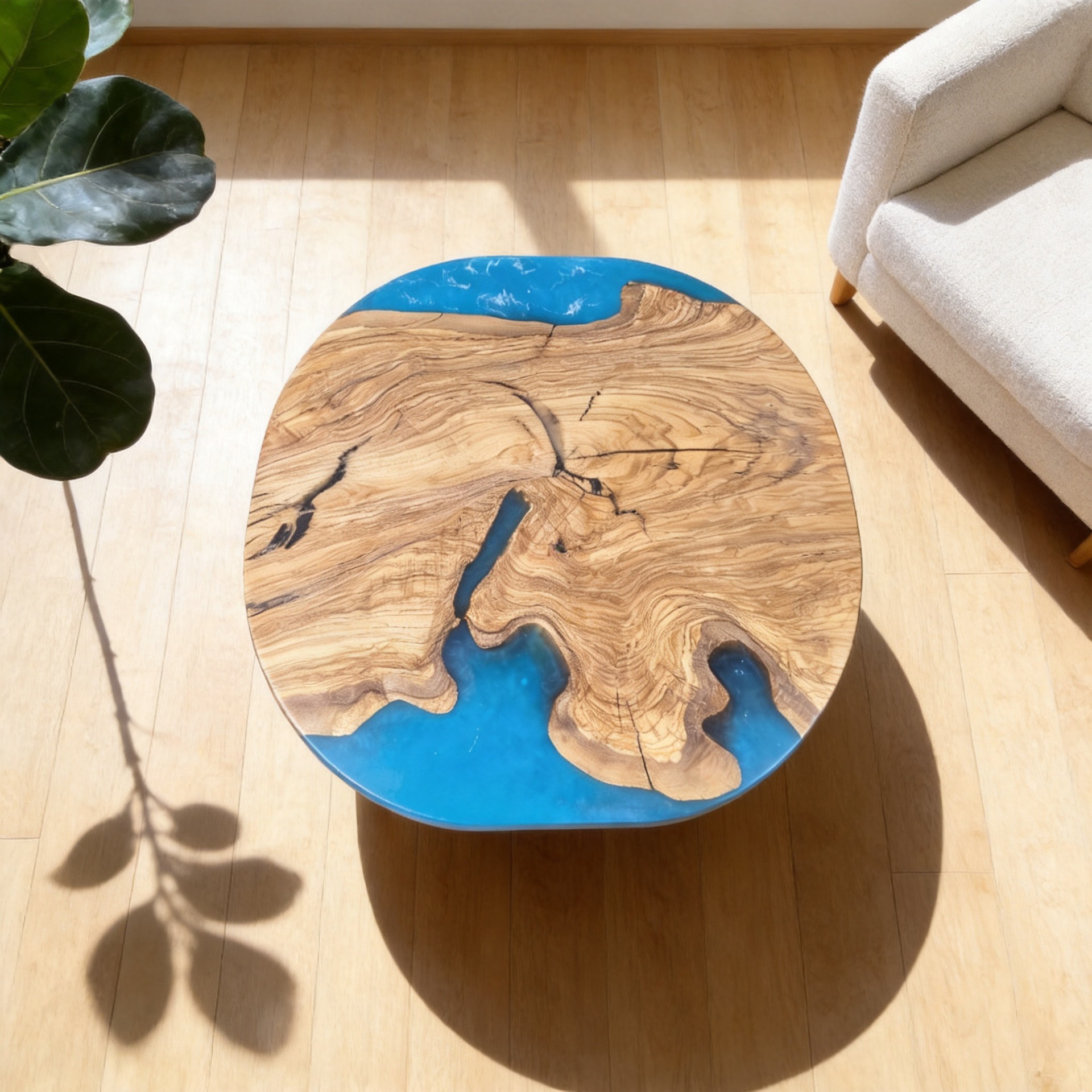 Olive wood blue epoxy resin small coffee table, direct shipment, export standard, tea table, leisure table