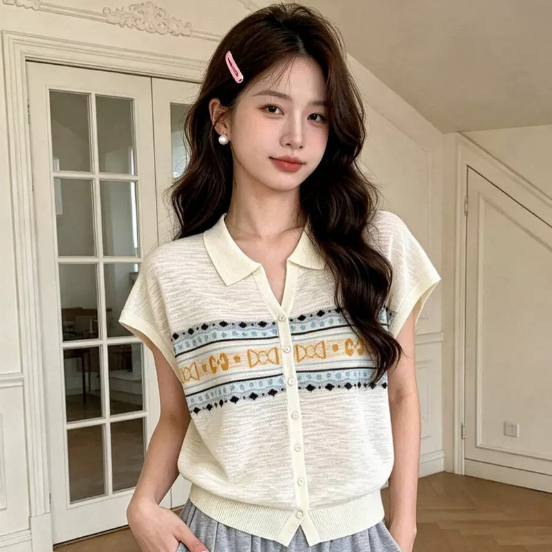 Korean-Style Light Luxury Bamboo Linen Polo Collar Knit Cardigan for Women, Thin Summer New Design Casual T-Shirt Top