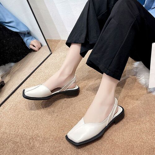 Square Head Zebra Print Half Slip-On Spring Single Shoe Flat Leather Surface One Strap Sandal Trendy Women