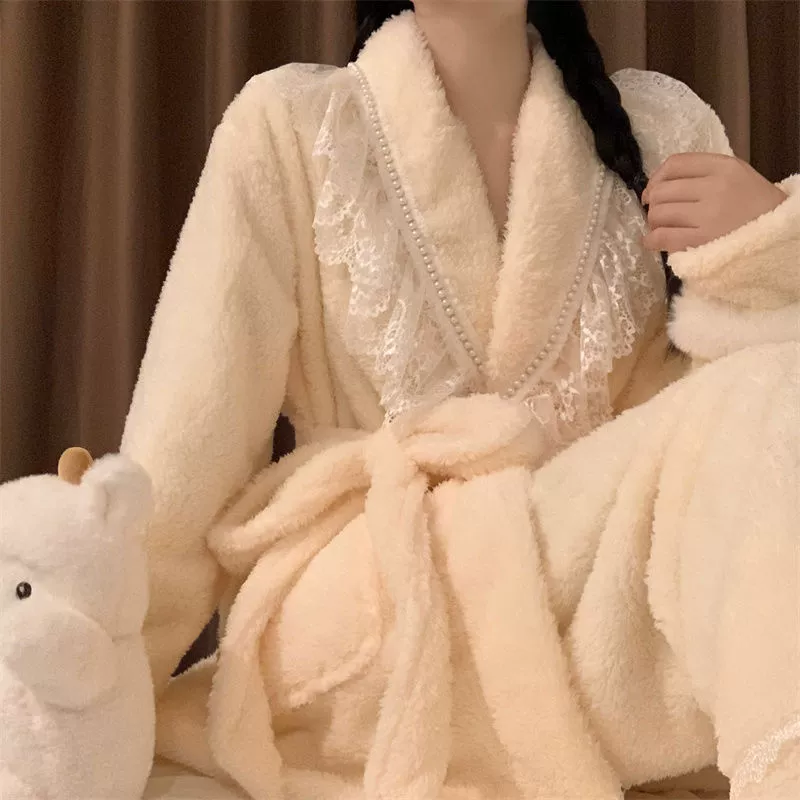 Чувство in Осенний и Зимний V-образный шнуровка с бисером, сшитым кружевом, полный цвет теплая фланелевая пижама