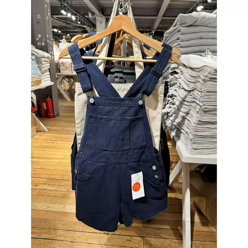 Bm Style Denim Overalls Navy Blue Pocket Cargo Shorts Straight Pants Jumpsuit Wide-Leg Overalls