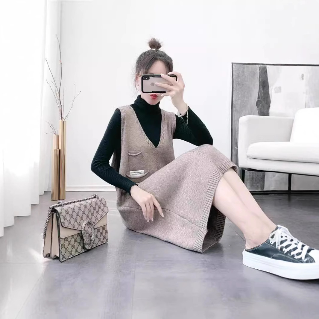 (2개) 가을과 겨울 느슨한 외부 중장 조끼 원피스 여성을위한 새로운 올 매치 V 넥 니트 스웨터 스트랜드 스커트