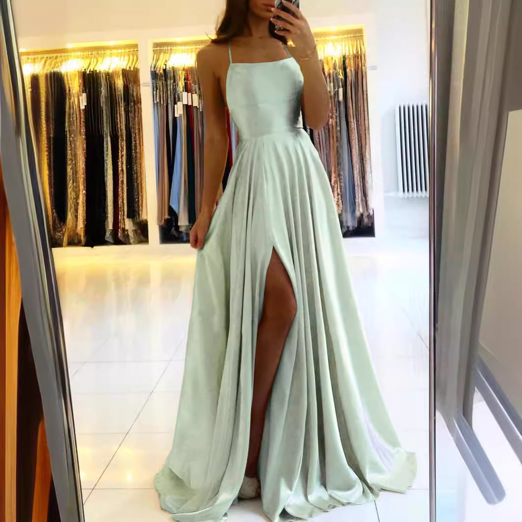 Amazon European and American Long Dress Slim Sling Sexy Backless dress High Split Prom Host Dress