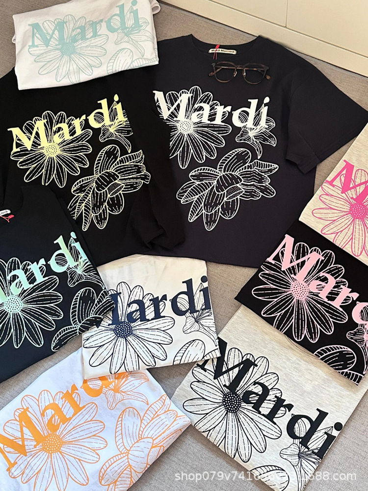 Korean Version In-Stock Mardi Short-Sleeve Women's 26 Summer New Daisy and Dachshund Print Round-Neck Pure Cotton Top T-Shirt