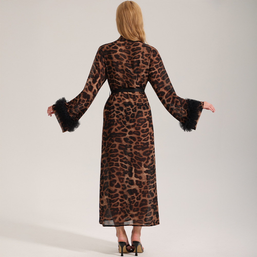 Zoshang nuevo pijama sexy mujer verano y otoño manga larga leopardo túnica de la mañana hilo de perla ropa de casa túnica WP3587