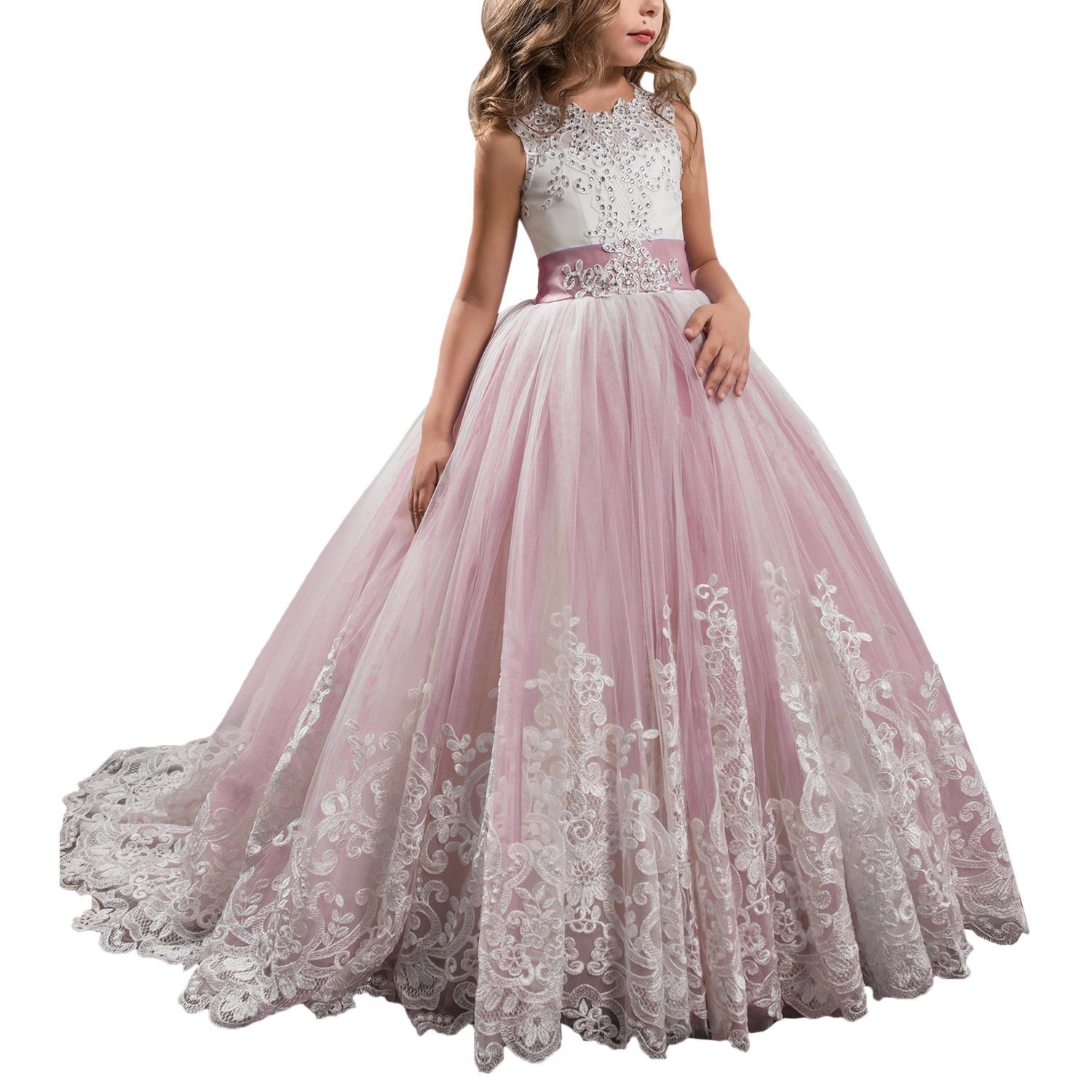 Vestidos de niña estilo princesa con encaje y malla, para fiestas de cumpleaños, damitas de honor y bodas, estilo europeo y americano.