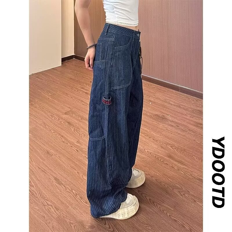 High Street Retro Dark Blue Striped Pants with Embroidered Letters, Wide-Leg Lumberjack Workwear Jeans, Trendy Brand Unisex Scimitar Pants