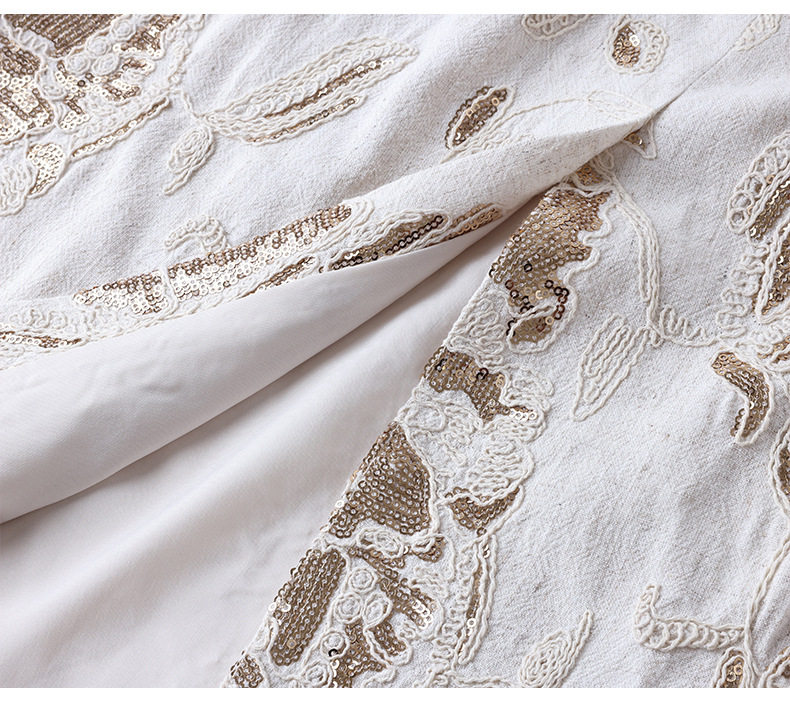 Chân váy linen nữ dáng suông dài vừa, thêu đính kim sa công phu, phong cách quý cô thanh lịch — Màu be chi tiết 15