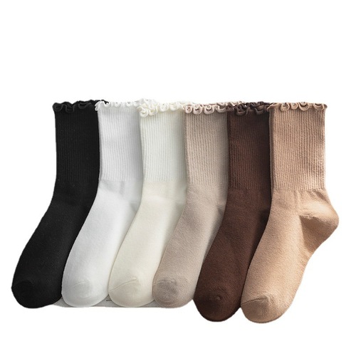 Socks for Girls: Mid-Calf Spring Mushroom Lace Ruffle Socks, Coffee Color, Korean Style Cute Teenager Solid Color Versatile Tights