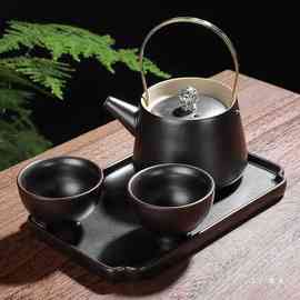 US4A复古粗陶茶壶一壶二杯旅行茶具陶瓷水壶功夫茶具日式提梁壶单