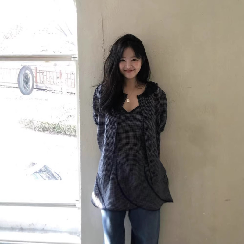 Now Available: Spring Lace Collar Plaid Puff Sleeve Shirt for Women, Waist-Cinching Suspender Dress, Two-Piece Set Viapla*N