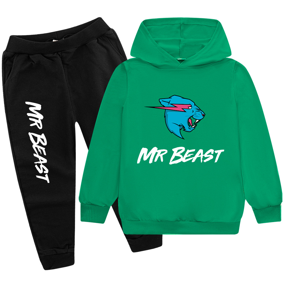 Testa di lupo MR BEAST Cartoon stampato set per ragazzi e bambini felpa con cappuccio maglione + pantaloni PB437_voghion.com