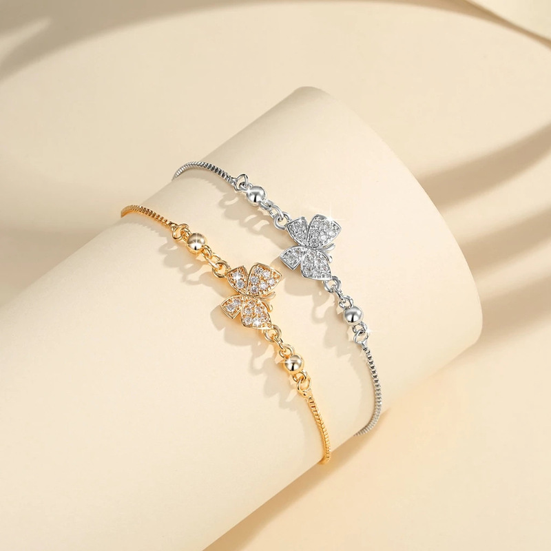 Cross-Border Popular Diamond-Encrusted Butterfly Bracelet Design Niche Fashion Elegant Ins Style Adjustable Push Zipper Hand Jewelry