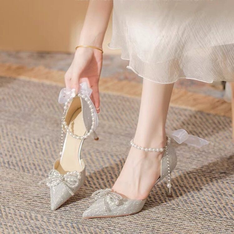 Mint Mambo High-Heeled Shoes for Women with Floral Straps, Chunky Heels, High-End Bridal High-Heeled Sandals for Women
